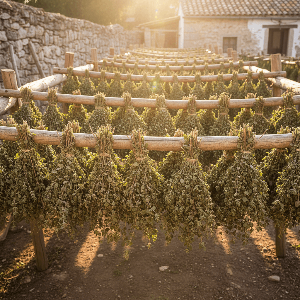 Naturally drying oregano bundles