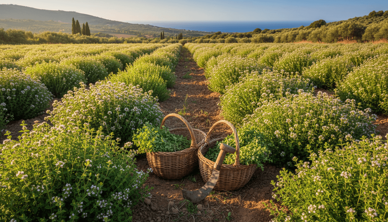 Oregano field in Thessaloniki with green plants and natural harvesting setup